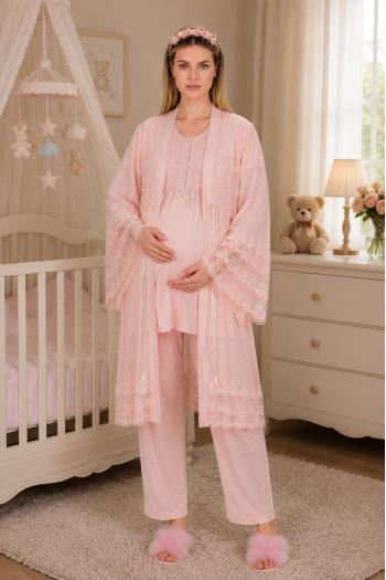 RİMEL Pudra Kısa Kollu Dantelli Lohusa Pijama Takım Sabahlık 33010